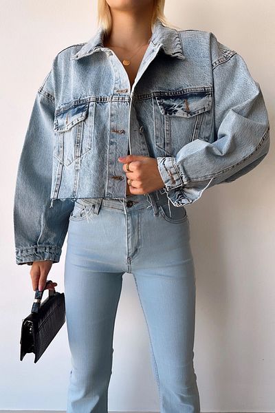 bacc Jachetă de damă din denim decupată cu laser, albastru gheață - buzunar dublu Bcdf-235408