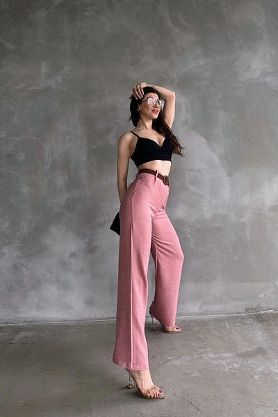 bacc Women's Powder Waist Belted Linen Trousers Bcdf- 241103