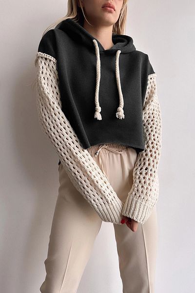 bacc Women's Black Hooded Sleeves Knitwear Knitted Crop Sweatshirt Bc 231021