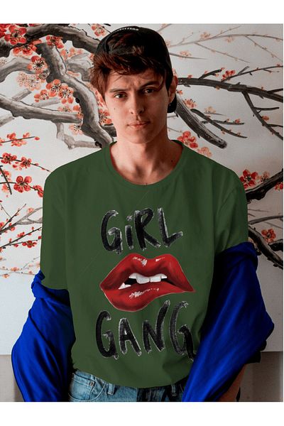The Baski Μπλουζάκι Girl Gang Premium Khaki - 100% βαμβάκι, στάμπα στα χείλη