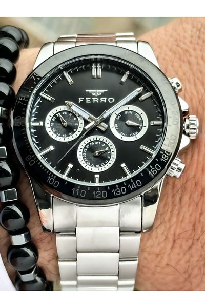 FERRO Men's Wristwatch and Bracelet Rosary - Silver Color, Functions Active