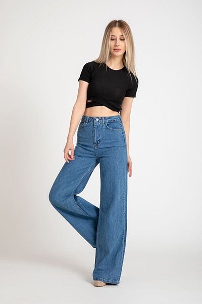 DRC trend Vanessa Not Fade - Blugi largi cu talie super înaltă din Lycra albastră, picior lat