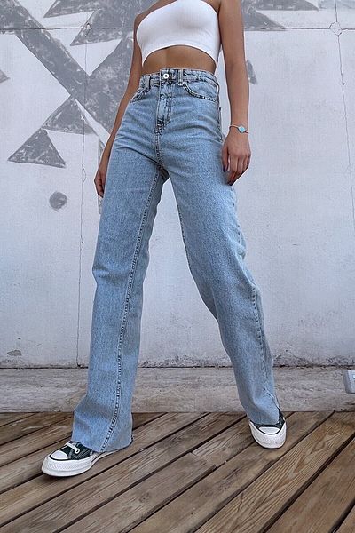 DRC trend Pantaloni palazzo largi din denim cu talie super înaltă, cu zăpadă, albastru deschis pentru femei Cesy Lycra