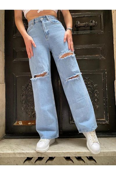 DRC trend Lycra albastru deschis - Jean largi cu talie super înaltă S.o.l.m.a.z (picior lat)