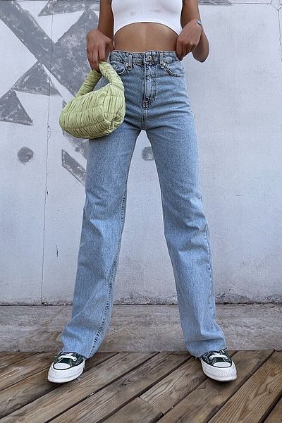 DRC trend Pantaloni palazzo largi din denim cu talie super înaltă, cu zăpadă, albastru deschis pentru femei Cesy Lycra