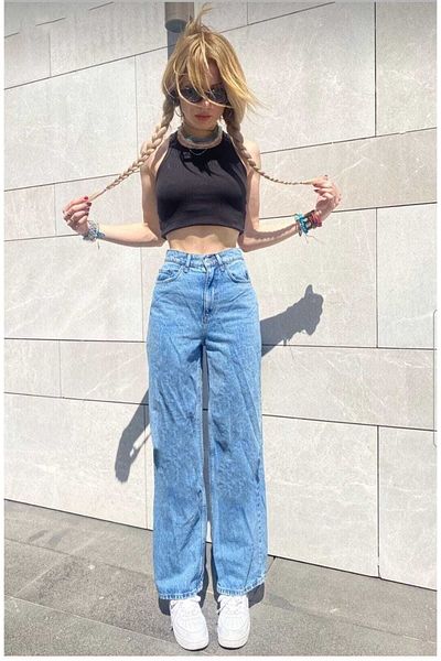 DRC trend Blugi Ricra cu talie înaltă largi, albastru mediu, din denim