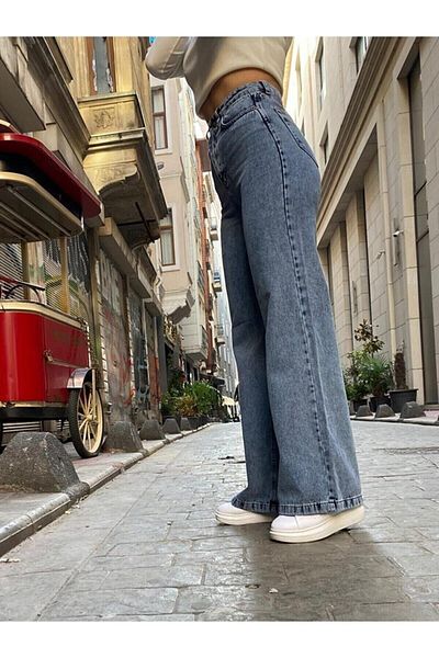 DRC trend Pantaloni largi de damă din lycra anii 90, albastru, zăpadă, talie înaltă, cu picioare largi