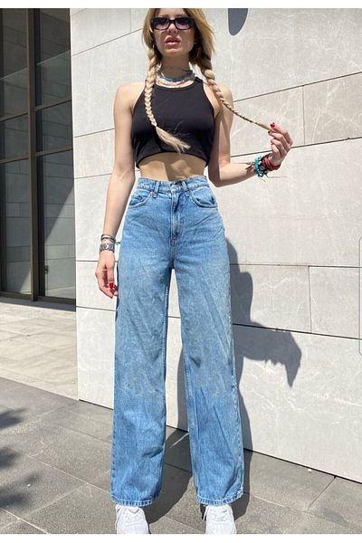 DRC trend Blugi Ricra cu talie înaltă largi, albastru mediu, din denim