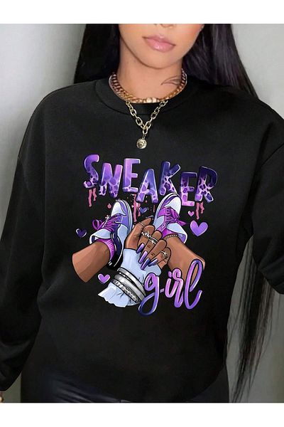 aynewmoda Black Oversize Sweatshirt - Sneaker Printed
