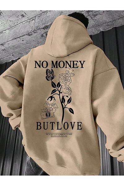 aynewmoda No Money but Love Printed Ecru Oversize Hoodie Sweatshirt