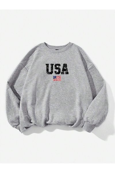 Mythologie Γκρι φούτερ Oversize - USA Flag Printed, Crew Neck