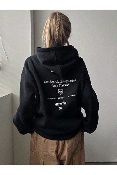 Mythologie Black Oversize Hooded Sweatshirt - Growth Keep Calm Printed