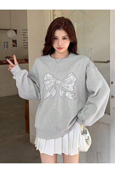 Mythologie Gray Oversize Ribbon Sweatshirt - Crew Neck Bike Embroidered