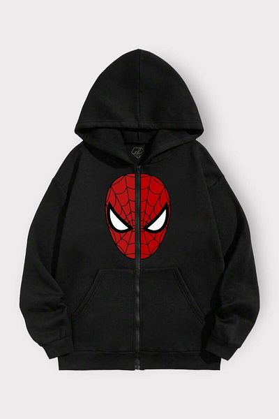 Mythologie Spiderman Thick Cardigan - Μαύρη εμπριμέ καλοκαιρινή ζακέτα με φερμουάρ και τσέπη με κουκούλα