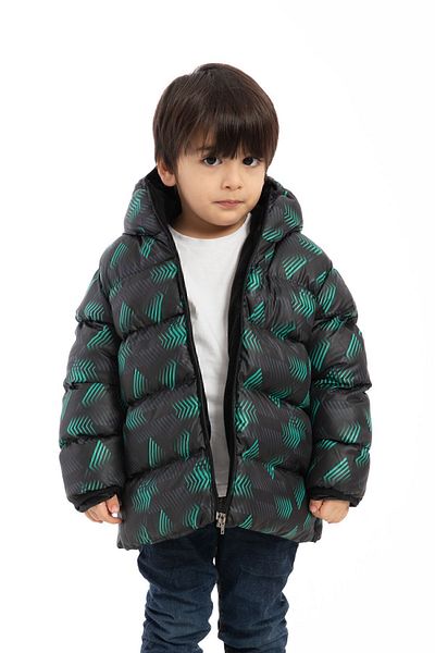 freemen Boy's Black Green Digital Pattern Fleece Water and Windproof Hooded Inflatable Winter Coat