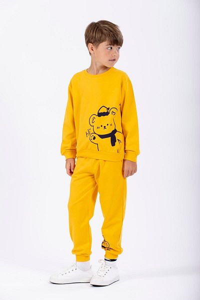 zepkids Анцуг за момче с щампа на мече и шапка в цвят горчица