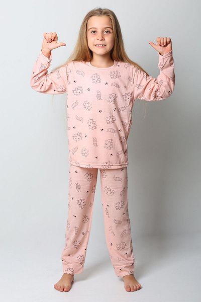 Burki Children's Long Sleeve Crew Neck Pajamas Set - Salmon Kitten Pattern
