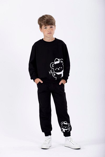 zepkids طقم بدلة رياضية للأولاد باللون الأسود مع قبعة وطبعة دب