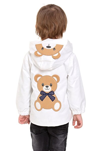 zepkids Hooded Long Sleeve Bear Printed White Color Boy's Raincoat