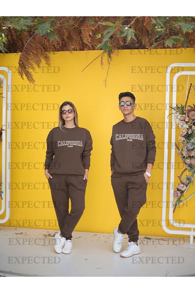 EXPECTED Dear California Printed Unisex Tracksuit Set - Couple Combination, Brown, 2 Sets