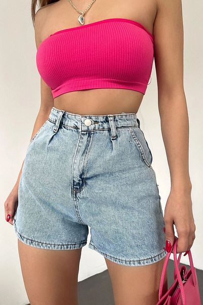 bacc Pantaloni scurți mini din denim plisați cu buzunar dublu, albastru gheață, Bcdf- 233302