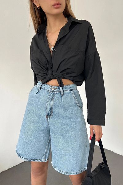 bacc Pantaloni scurți din denim bermude cu buzunar dublu, albastru gheață, Bcdf- 233303