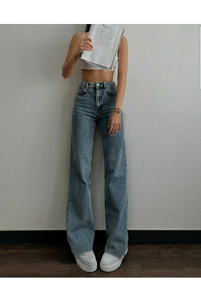 DRC trend Fashion Nova Lycra Pantaloni largi de damă, albastru, cu talie super înaltă, cu picioare largi, blugi din denim