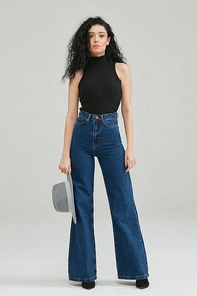 DRC trend Beaver Lycra Blugi de damă, albastru închis, cu talie super înaltă, pantaloni largi din denim