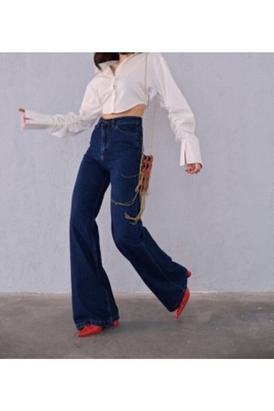 DRC trend Blugi largi din lycra albastru închis cu talie super înaltă Pantaloni Palazzo