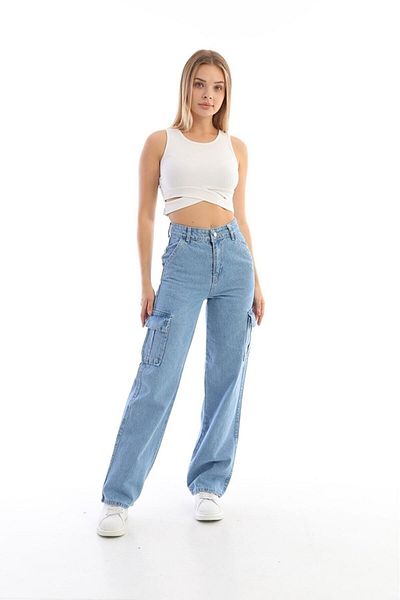 DRC trend Klara Baby Ice Blue Cargo Pantaloni largi din lycra cu talie super înaltă, fără buzunare