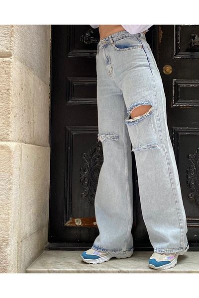 DRC trend Ice Blue Lycra - Pantaloni largi de jeans cu talie super înaltă, cu picioare late