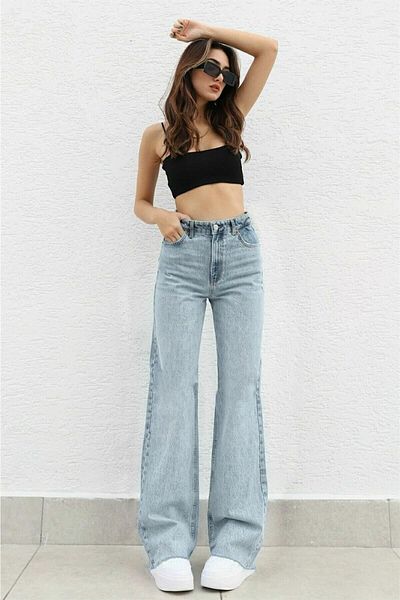 DRC trend Albastru anii 90 - Hira Lycra, talie super înaltă, blugi largi din denim Pantaloni Palazzo
