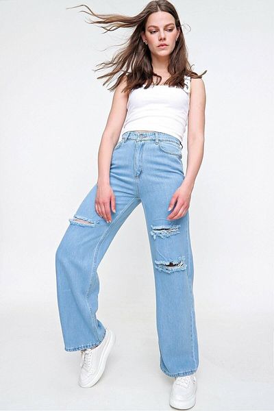 DRC trend Blue Lycra cu talie super înaltă denim ruptă blugi largi Pantaloni Palazzo