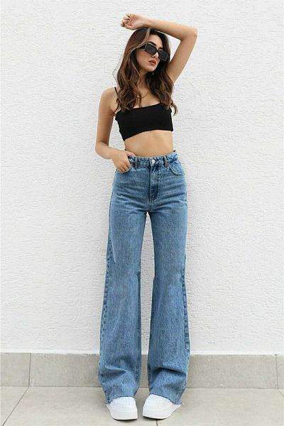DRC trend Blugi de damă Lycra, albaștri, cu talie super înaltă, blugi largi, pantaloni Palazzo