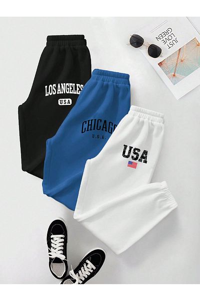 Mythologie 3-pack La Chicago Usa Printed Jogger Sweatpants - Μαύρο Sax Μπλε Λευκό Καουτσούκ Πόδι Ψηλόμεσο Καλοκαίρι