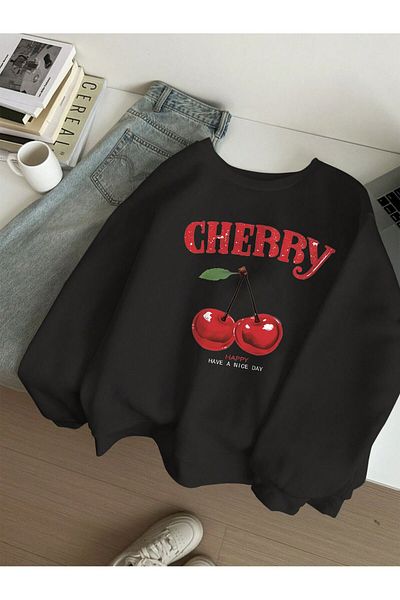 Mythologie Суитшърт Cherry Happy Oversize - Черен с кръгло деколте