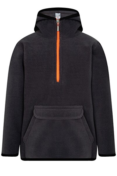 ASL Kids Colors Çocuk Polar Yarım Fermuarlı Kapşonlu Kanguru Cep Sweatshirt Unisex Füme