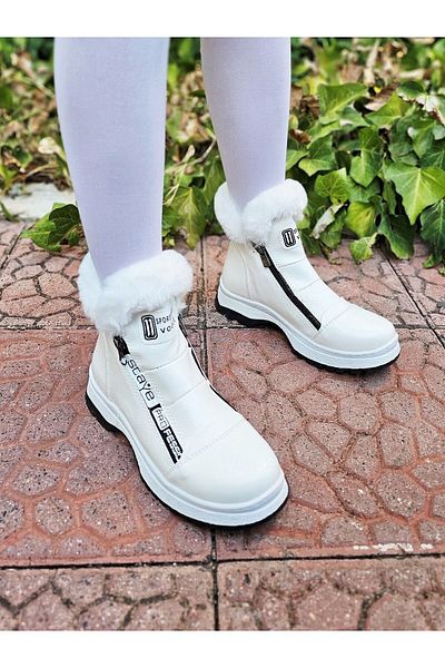 EPTC -Children's Furry White Boots with Double Zipper on the Side Non-Slip White Thick Sole Wide Fit