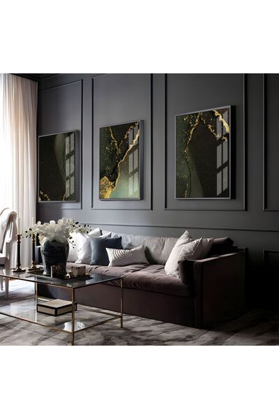 Harikabirev HARİKABİREV | COMBINAT DE ABSTRACTI NEGRU-AUR-VERDE | TABLO DE STICLA CU CADRU 3 PIESE VERTICAL