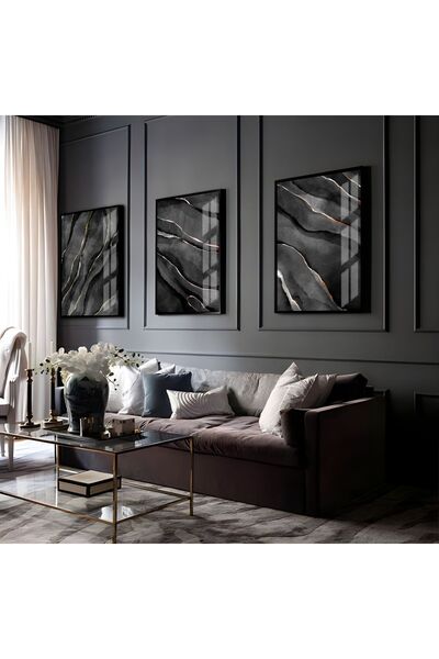 Harikabirev HARİKABİREV | COMBINAT DE ABSTRACTI NEGRU-AUR 02 | TABLO DE STICLA CU CADRU 3 PIESE VERTICAL