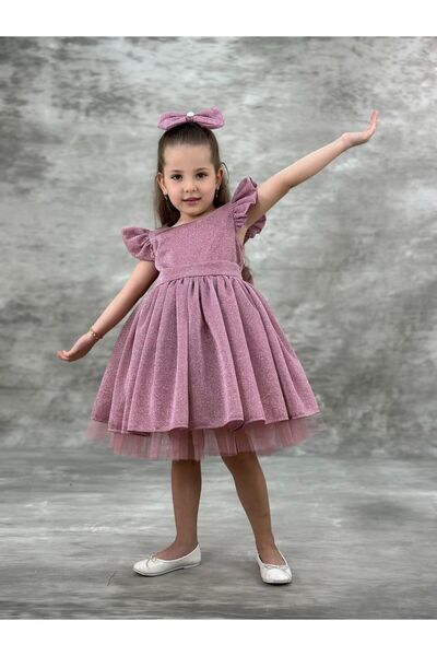 defada Parıltılı simli tüllü tokalı kız çocuk abiye elbise