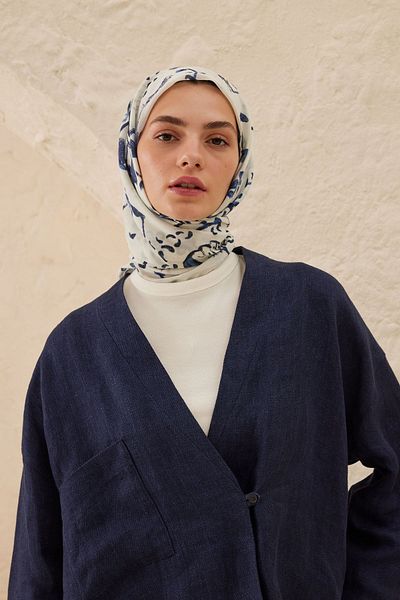 Fresh Blue Patterned Cotton Voile Scarf