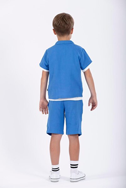 zepkids Shirt Collar Short Sleeve Saxe Color Boy's Shorts Set