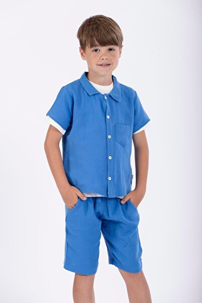 zepkids Shirt Collar Short Sleeve Saxe Color Boy's Shorts Set