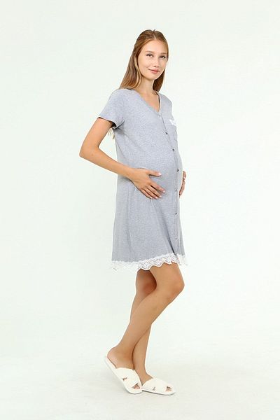 Luvmabelly Myra9721 - Cămașă de noapte de maternitate gri cu nasturi și dantelă, cu buzunare