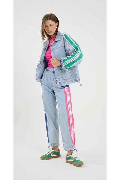 Calisa Jachetă de blugi și costum de blugi pentru femei cu detaliu de dungi colorate - Jogger din denim