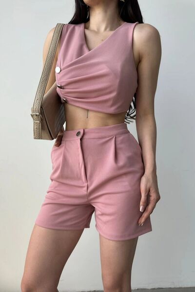 bacc Σετ δύο τεμαχίων με κουμπιά στο λαιμό και σορτς σε χρώμα πούδρα διπλό πέ...