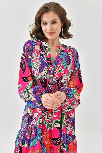 bacc Fuchsiový límec pro soudce - dlouhé hidžábové šaty z viskónu s polovičními knoflíky Bc241150