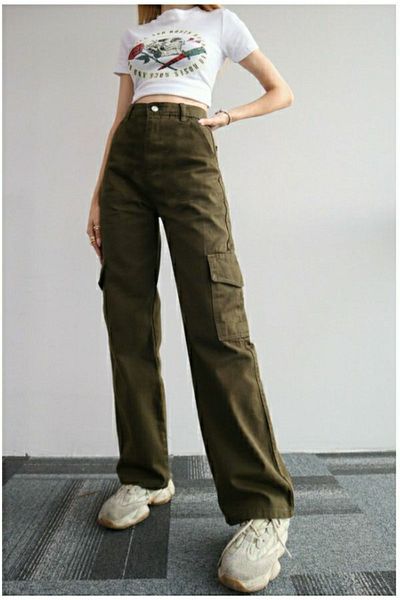 DRC trend Μοντέλο Lycra Khaki High Waist Γυναικείο τζιν Cargo χωρίς τσέπη στην πλάτη