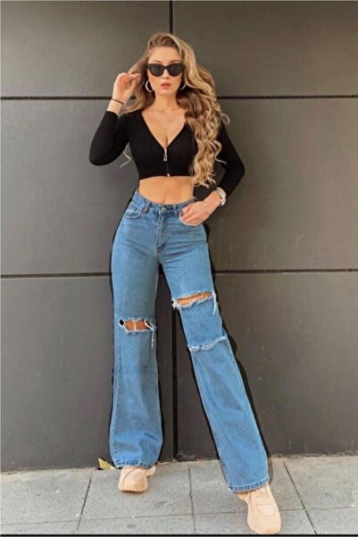 DRC trend Blugi largi, blugi rupți cu talie super înaltă, pantaloni Palazzo (...